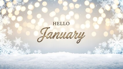 Hello january greeting card with bokeh lights and snowflakes border