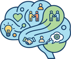 A conceptual vector illustration of a human brain filled with diverse icons representing soft skills, emotional intelligence, creativity, social interaction, teamwork, and logical thinking.