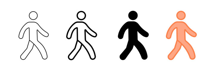 Set of minimalist walking person icons with transparent background, depicting diverse pedestrian symbols for navigation systems, user interfaces, and wayfinding signs, vector illustration