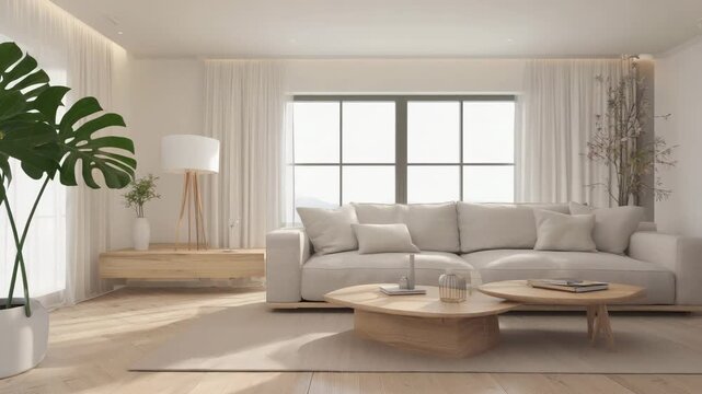Bright and airy modern living room with large windows comfortable sofa and lush green monstera plant