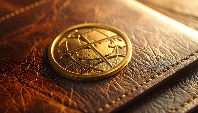 Golden Compass on Leather: A close-up shot of a meticulously crafted leather surface, embellished with a golden emblem depicting a detailed world map, evokes a sense of exploration, adventure. - Powered by Adobe