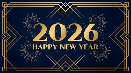 Happy New Year 2026 Art Deco Banner | Elegant Gold Blue Holiday Background