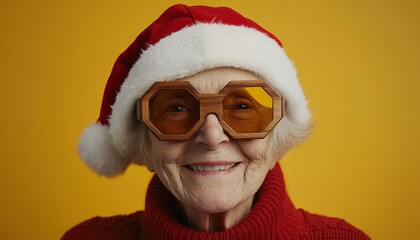 Elderly woman wearing a festive hat and unique hexagonal framed spectacles smiles cheerfully against a bright background