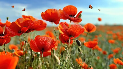 Vibrant red flowers covered in tiny droplets bloom profusely under a clear blue sky with insects flying nearby