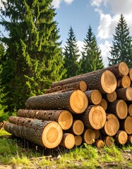 Stacked logs in a pine forest