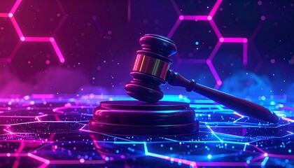 Gavel rests on a neon web of hexagons, bathed in blue and magenta hues, suggesting digital justice or technology law
