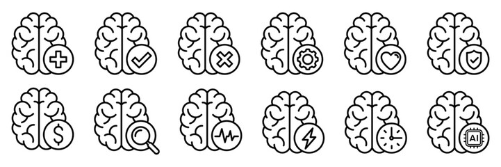 Human brain icon set. Logo digital technology, tech science, global digital, enhanced memory and focus, expert, genius, idea, intelligent, brainstorm, knowledge, creative, smart, solution, Vector.