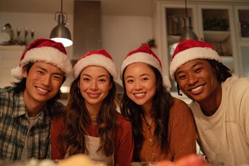 Four young adults wearing festive hats smile warmly while gathered indoors during a holiday celebration