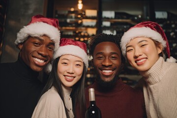 Diverse group of four young adults wearing festive hats celebrating together indoors