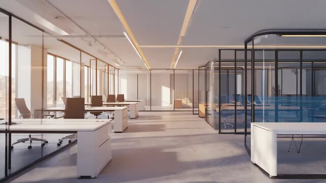 Modern open plan office interior with glass partitions natural light streaming through large windows and contemporary workstations