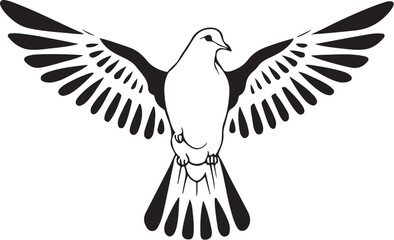 A black and white illustration of a dove with wings spread wide open