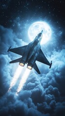Jet soars through the night sky, illuminated by the moon, in a dramatic display of power and grace.