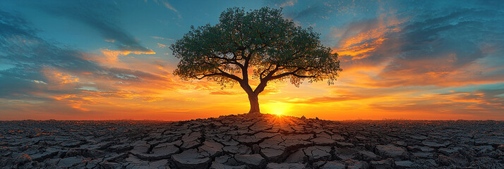 Solitary tree on cracked ground at sunset in open field Generative AI