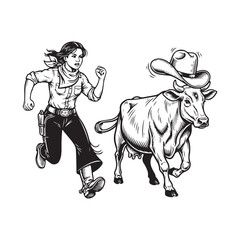 Cowgirl riding a bull in a rodeo competition, action silhouette.