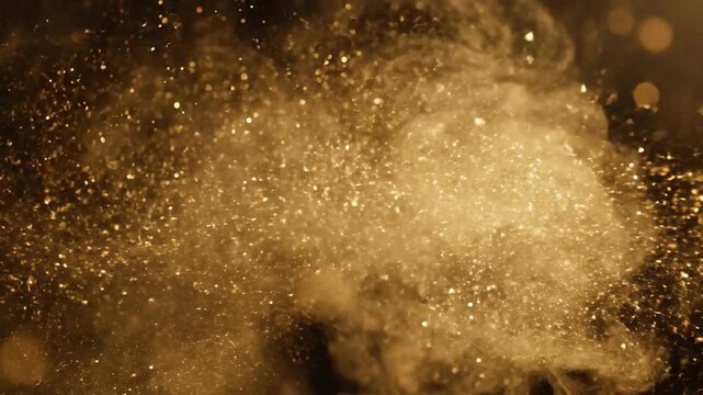 Ethereal Cloud of Golden Dust and Sparkling Particles Exploding and Drifting in Slow Motion