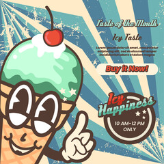Retro cartoon character in the form of an ice cream cone in the style of a groove. A vintage mascot for sweet frozen foods. Nostalgia for the 70s, 80s. Poster, poster, mascot logo