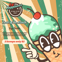 Retro cartoon character in the form of an ice cream cone in the style of a groove. Nostalgia for the 70s, 80s. Poster, poster, mascot logo