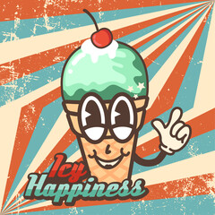 Retro cartoon character in the form of an ice cream cone in the style of a groove. Poster, poster, mascot logo. Nostalgia for the 70s, 80s