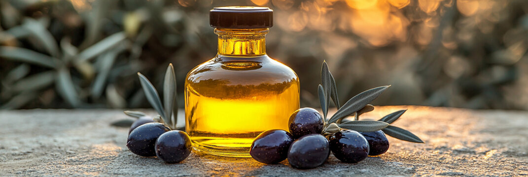 Golden olive oil bottle placed on stone with black olives Generative AI - Powered by Adobe