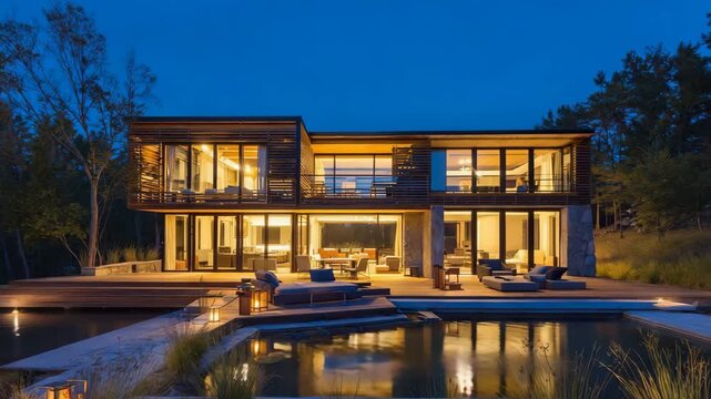 Modern luxury wooden house with swimming pool and outdoor seating area illuminated at twilight surrounded by trees