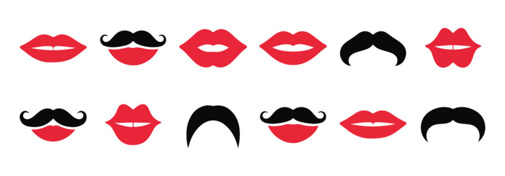 Red lips and black mustache vector set comic style mouth and facial hair icon pack - Powered by Adobe