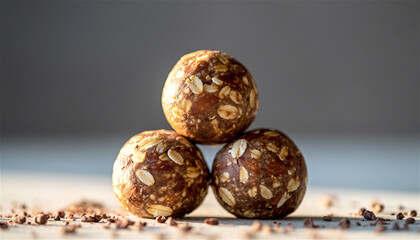 homemade vegan energy balls made with oats nuts and chocolate arranged in a pyramid on a white surface with scattered cocoa nibs offering a healthy and convenient snack option