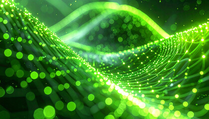 Emerald Energy Flow: Abstract flowing waves, illuminated with vibrant green lights and particles, creating a sense of dynamic movement and showcasing a technologically advanced futuristic landscape.