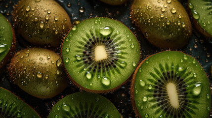 Fresh kiwi slices with water drops, vibrant green fruit close-up background.