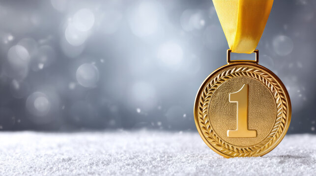 gold medal for first place displaying the number one signifying victory and success in a winter competition setting with a snowy ground and bokeh background
