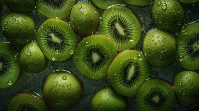Fresh kiwi slices with water drops, vibrant green fruit close-up background. - Powered by Adobe