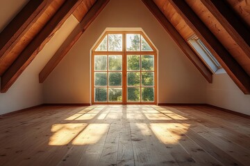 Empty spacious attic room interior, offering a minimalist space for customization or design ideas, Generative AI