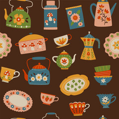 Vector seamless pattern with vintage kitchenware, teapots, cups, plates, cookware and folk art motifs. Colorful retro home decor illustration ideal for textiles, wrapping, crafts, packaging