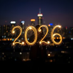 2026 Sparkler Lights Over City Skyline: Light painting of 2026 with sparklers against a city skyline at night, symbolizing New Year anticipation and celebration.