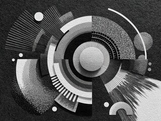 Abstract geometric composition with circles, lines, and textured surfaces in black and white tones.