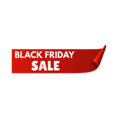 Horizontal Red Ribbon Banner with Stitched Edges and Curled/Rolled Corner for Black Friday Sale and E-commerce Discount Promotion.