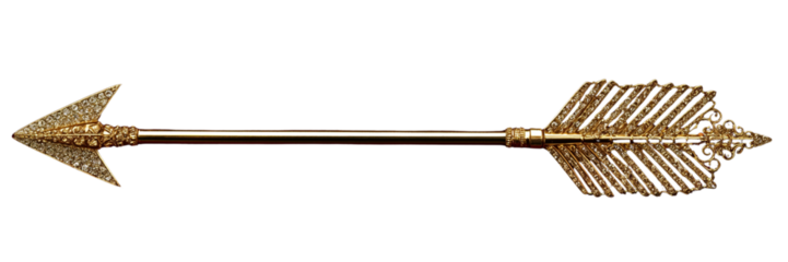 Isolated, luxurious golden arrow with diamond encrusting on a bright