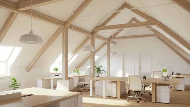 Modern Attic Office Space with Wooden Beams and Natural Light.