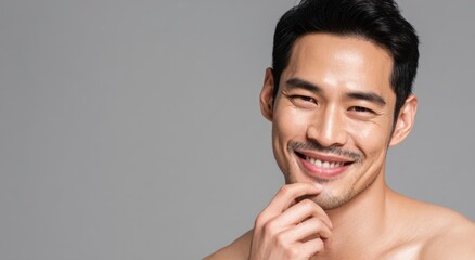 Smiling man touches chin against plain gray background closeup