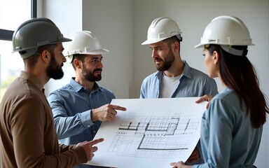A interracial group of architects is pointing at the blueprints and having briefing about project they working on. High quality