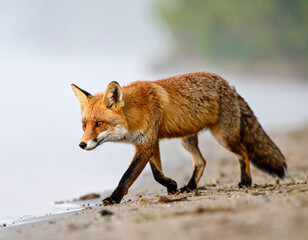 Fototapeta premium Red fox standing in the lake. The fog envelops the surroundings. 