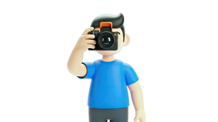 Cartoon Man Holding Camera Taking Photo with Blue T Shirt and Black Hair in Studio