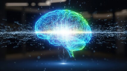 Immersive digital interface showcasing glowing brain with streaming data particles in laboratory setting