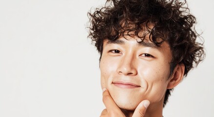Young man with curly hair touching chin smiling against white background.