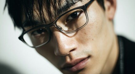 Extreme close up of young man's face wearing glasses against light background.