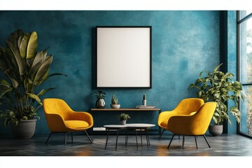 Stylish meeting interior with seats and shelf with decoration, mockup frame for customizable branding or design, Generative AI