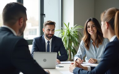 Group of business people with young adults and senior woman colleague on meeting at modern bright office interior. High quality