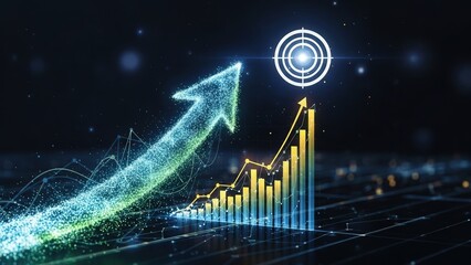 Bright arrow directs attention to circular goal while performance metrics update instantly