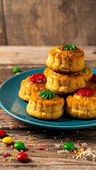 Stacked pastries on a blue plate