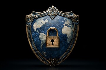 Earth sphere and cybersecurity shield with padlock, symbolizing digital protection and secure information management, Generative AI