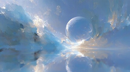 Abstract sky with a spherical planet reflecting in a calm body of water under a tranquil sky.